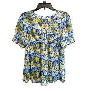 Tomorrow's Mother Womens Sz S Green Blue Floral Short Sleeve Blouse